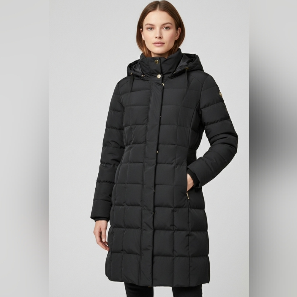 Cole Haan Signature Black Quilted Down Puffet Coat Jacket Gold Hardware S/P